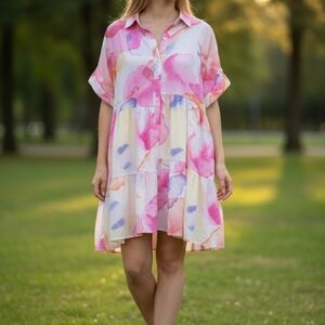 Entro Watercolor Pink and Cream Midi Dress